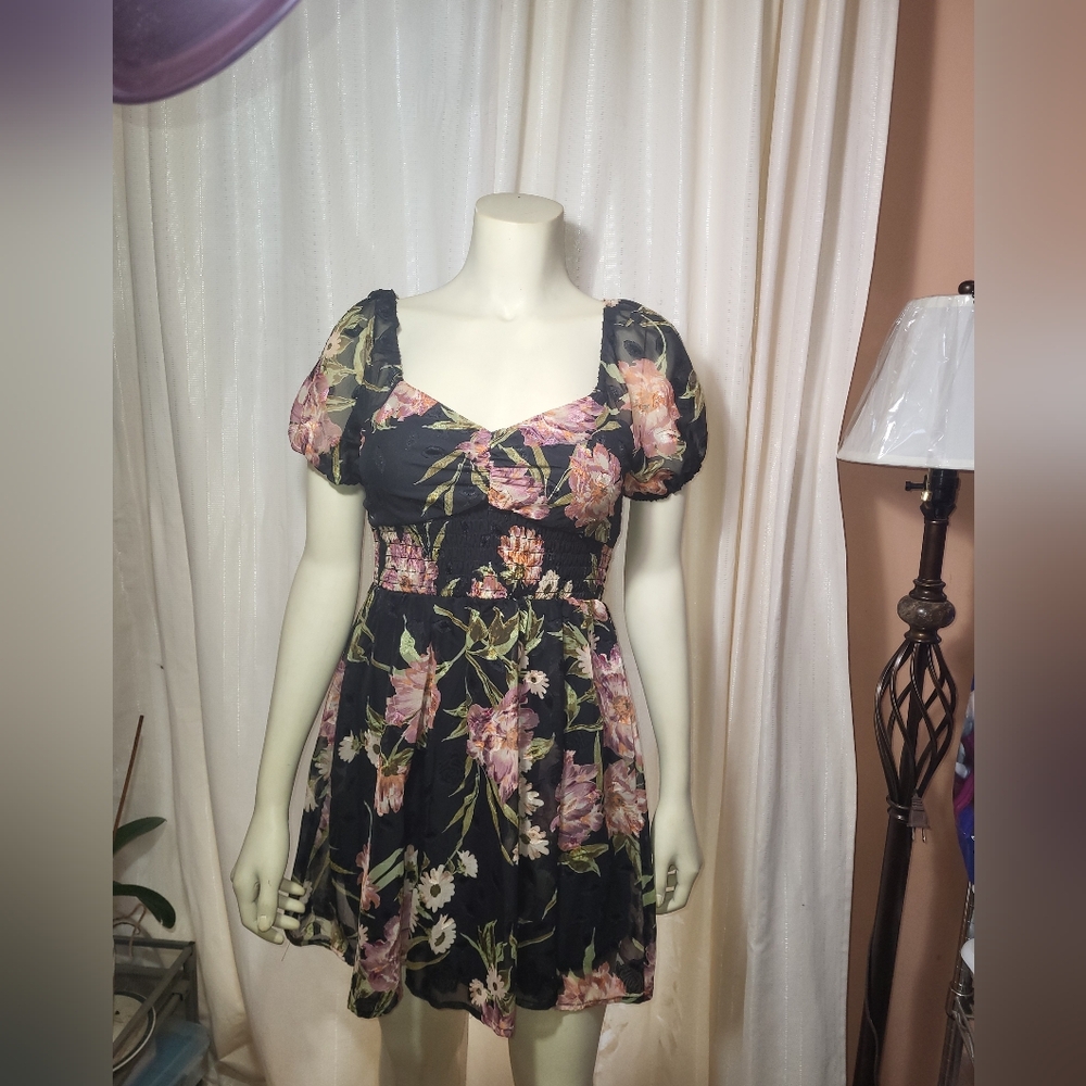 Lily Rose Black Mini Dress with Pink Floral Print Small